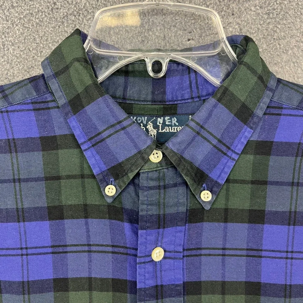 Polo Ralph Lauren Big Shirt Mens L Blue Green Plaid Black Watch 90s Oversized